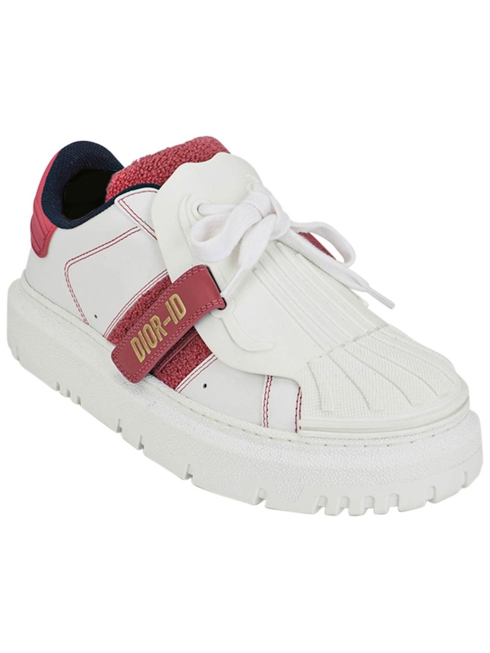 Dior White Leather Low-Top Sneaker with Pink Strap and Navy Collar